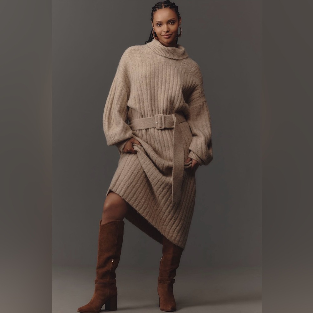 Anthropologie Long sleeve oversized turtleneck belted sweater midi dress, sz XSP - Picture 13 of 13